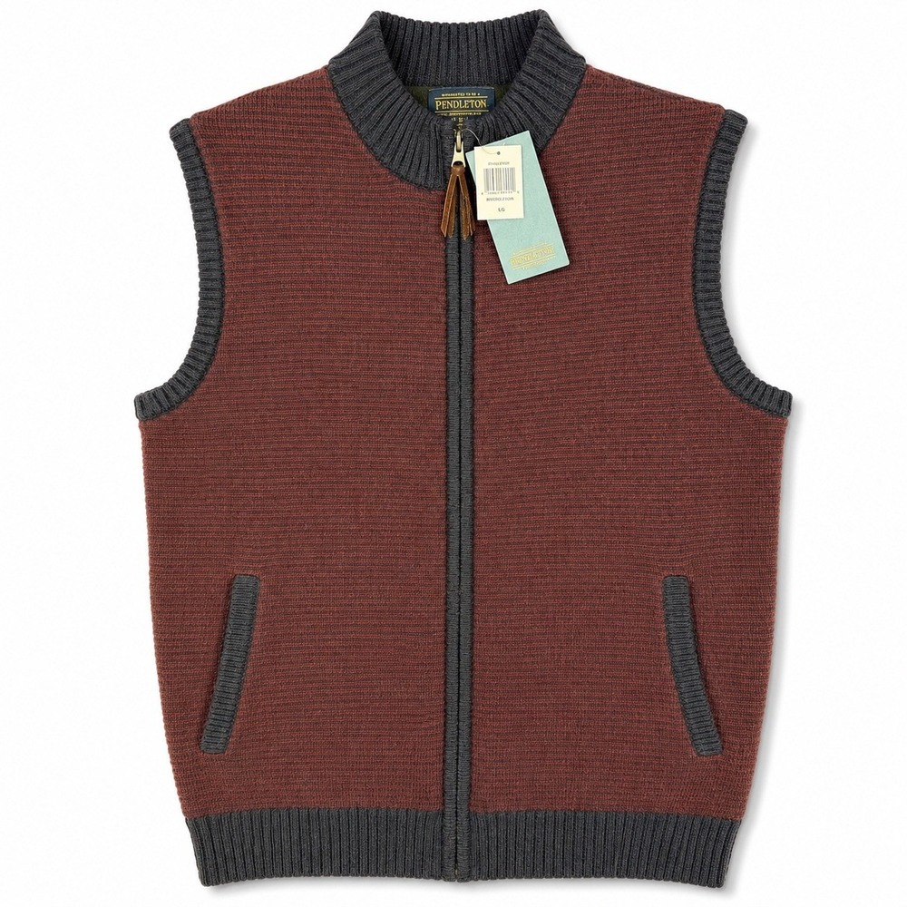 Pendleton Mens Washable Wool Full Zip Sweater Vest Red Grey Large NWT